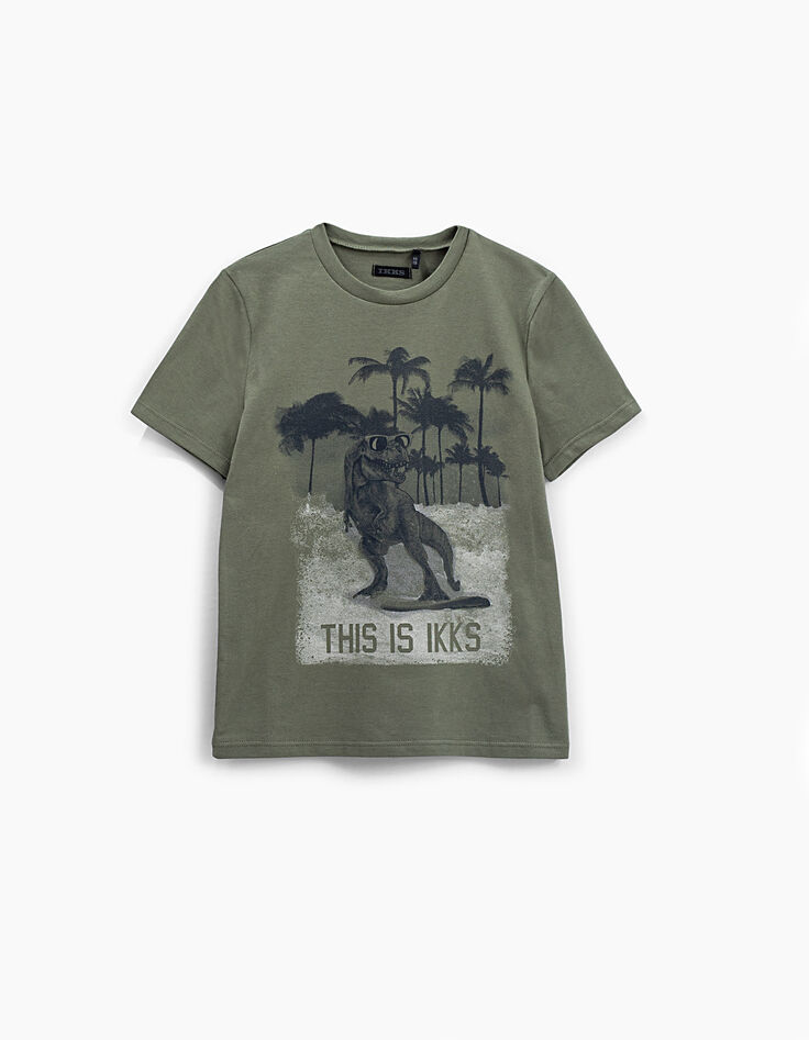 Tee-shirt kaki clair avec visuel T-rex garçon -1 Tee-shirt kaki clair avec visuel T-rex garçon -1