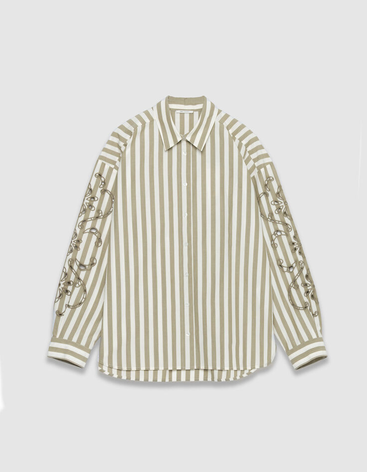 Camisa caqui rayas bordado calado Mujer mangas-5