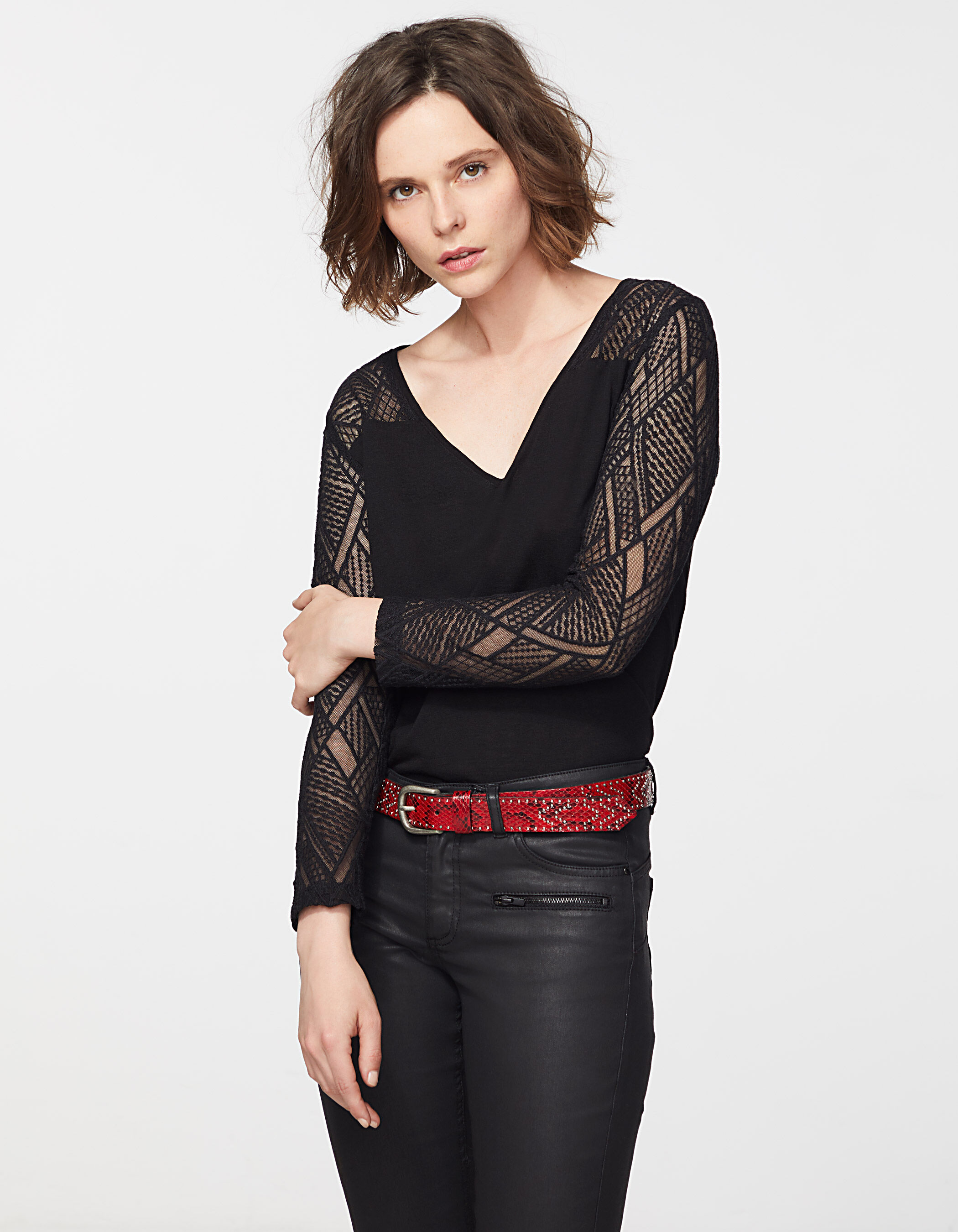 Zwart T shirt in viscose met aanbreng van wol voor dames IKKS