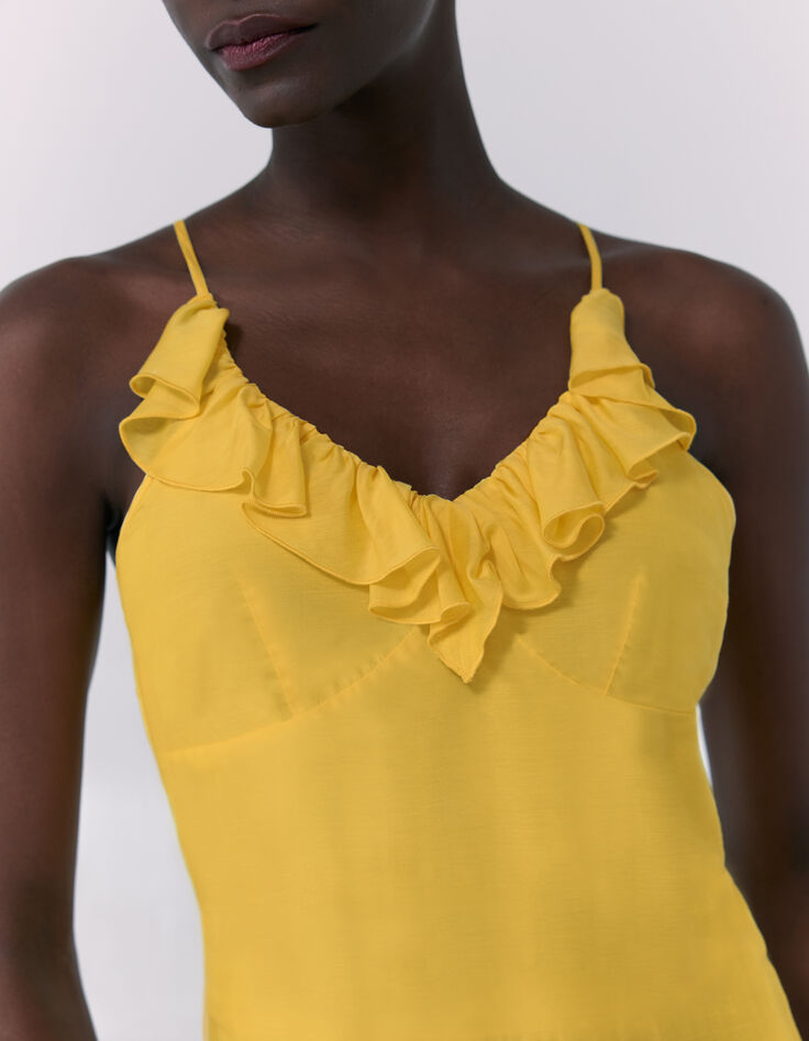 Langes gelbes Damenkleid mit schmalen Trägern und Volant-3