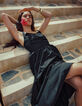 Robe chic &agrave; bretelles noire en taffetas Femme-2