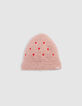 Bonnet rose tricot fourr&eacute; broderies coeurs b&eacute;b&eacute; fille-1