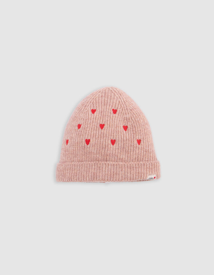 Bonnet rose tricot fourr&eacute; broderies coeurs b&eacute;b&eacute; fille-1