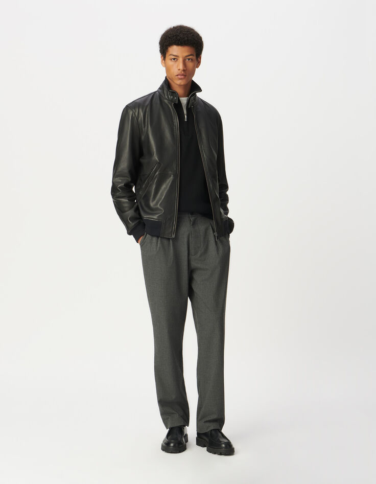 Blouson noir en cuir avec bords-côtes Homme-2 Blouson noir en cuir avec bords-côtes Homme-2