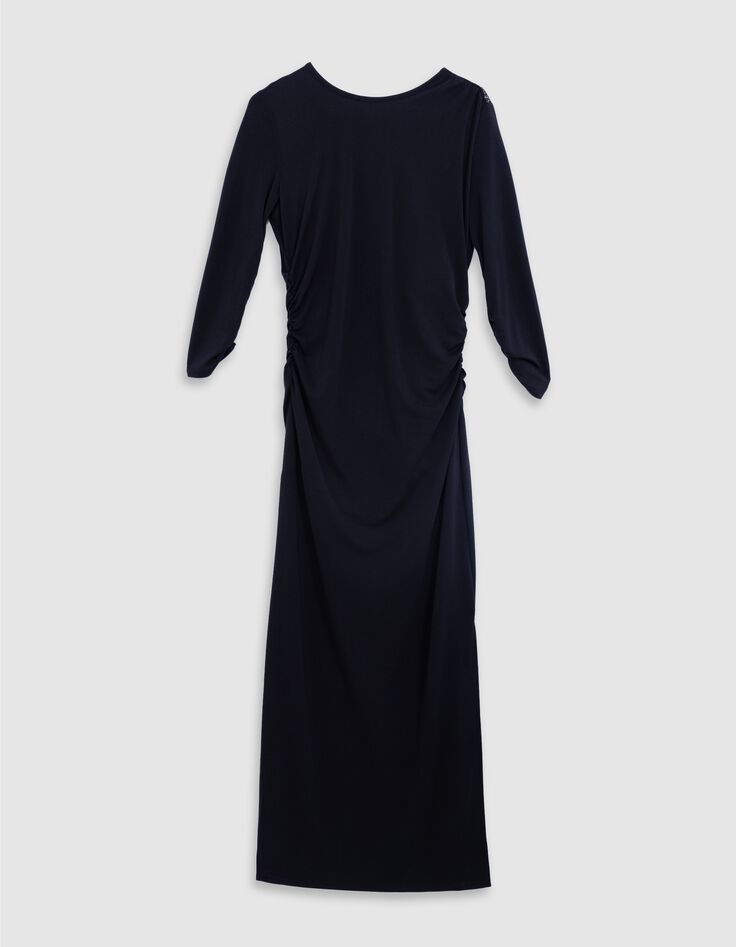Vestido de noche negro de mujer con fruncido lateral y hombros de pedrer&iacute;a-7