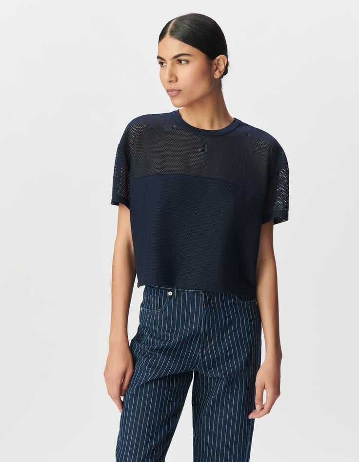 Tee-shirt marine maille résille en relief Femme-3