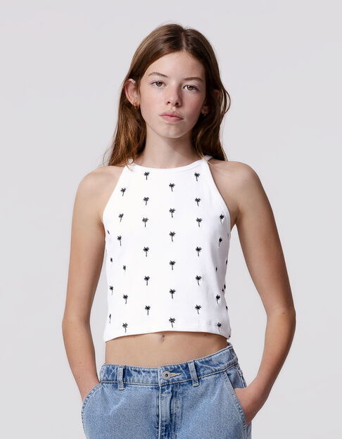 White ribbed tank top with palm tree embroidery for girl - IKKS