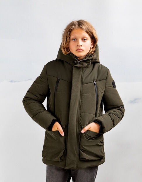 Boys’ khaki parka with XL waterproof zips