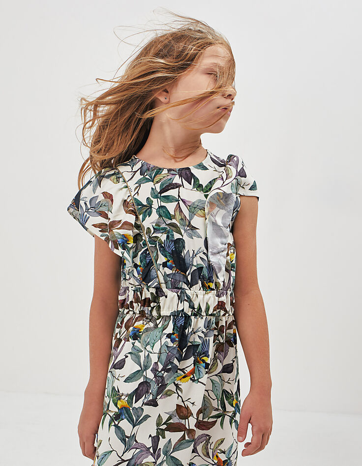 Robe longue blanc cassé imprimé jungle oiseaux fille-1
