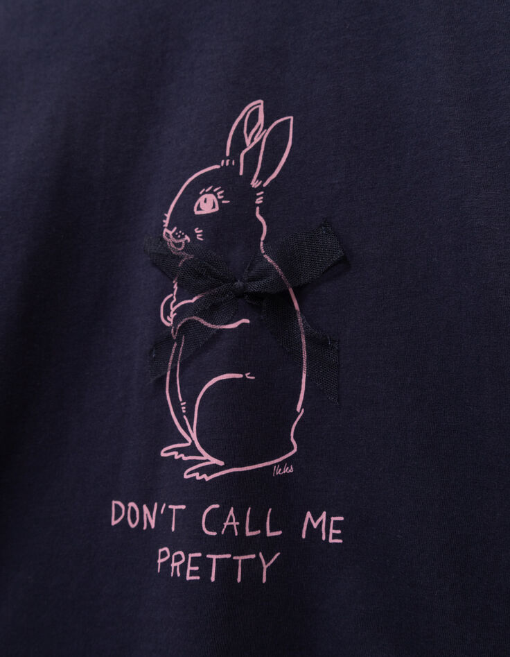 Marineblaues Mädchen-T-Shirt Biobaumwolle Hase Band 3D-6 Marineblaues Mädchen-T-Shirt Biobaumwolle Hase Band 3D-6