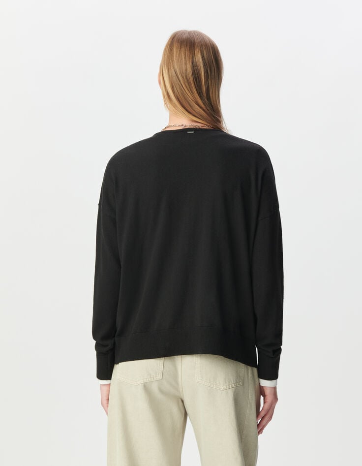 Pull encolure V noir tricot fin oversize Femme-3 Pull encolure V noir tricot fin oversize Femme-3