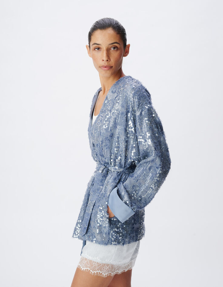 Veste oversize bleue brod&eacute;e sequins esprit kimono Femme-4