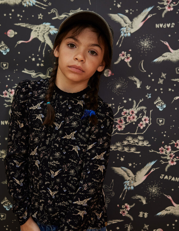 Blusa negra estampado Sakura y grullas sagradas niña-7 Blusa negra estampado Sakura y grullas sagradas niña-7