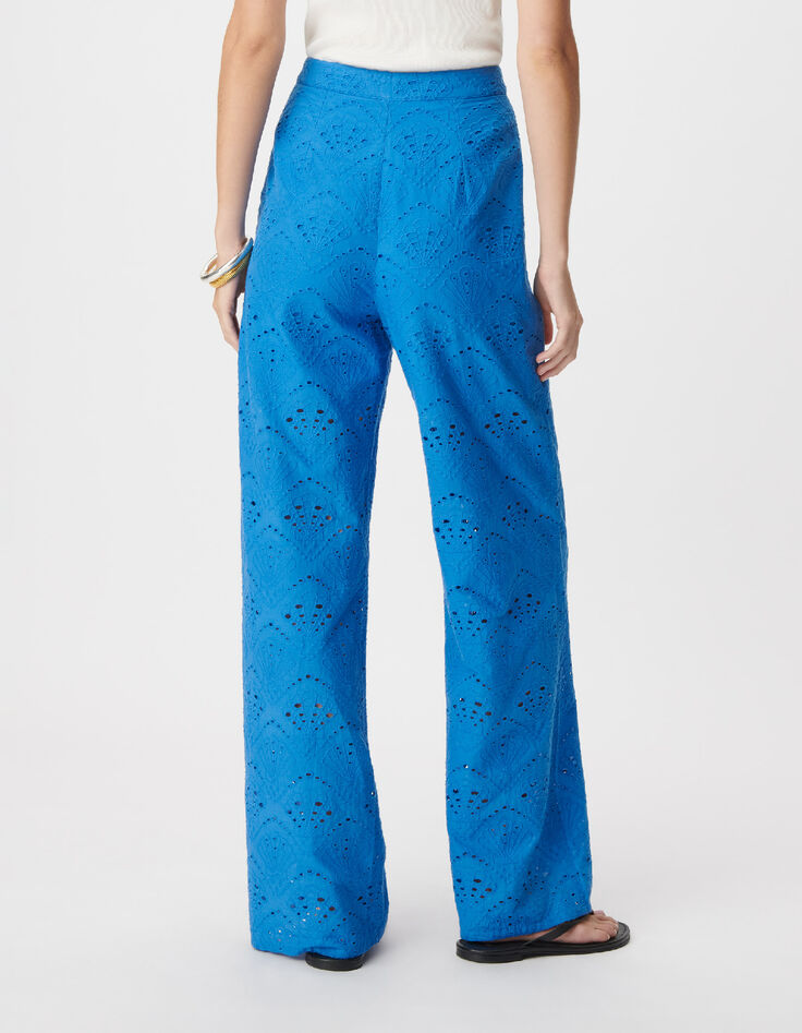 Damenhose mit weitem Bein, blau, mit Lochstickerei-3