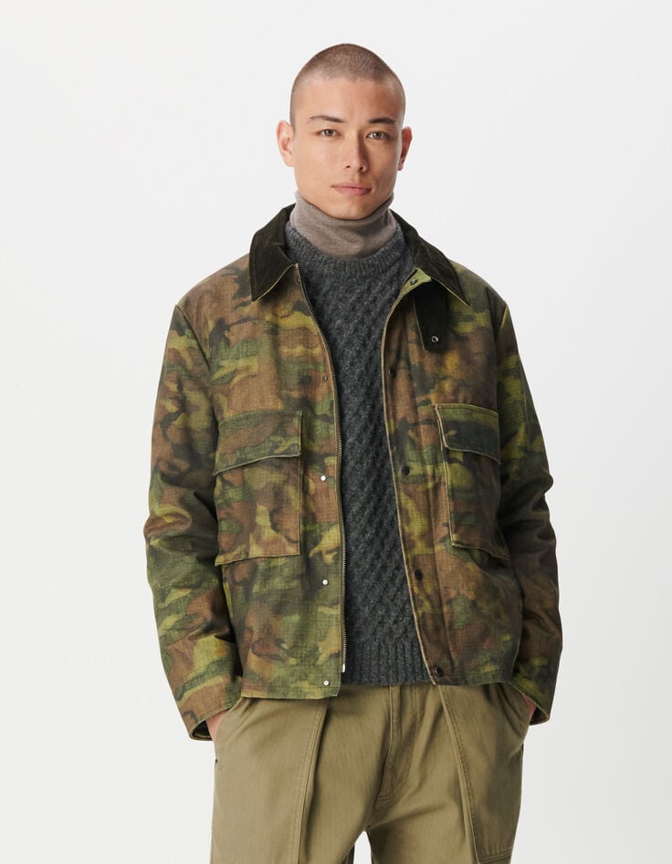 Khaki Wachsjacke mit Samtkragen Herren-1