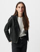 Blouson noir en cuir d'agneau à capuche amovible femme-5