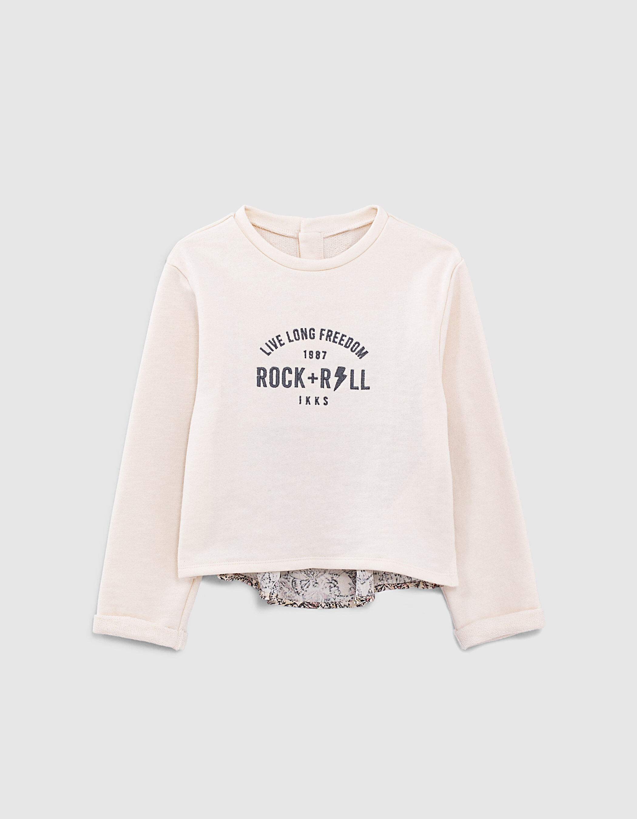 Sweat ecru bi matiere a message brode fille IKKS