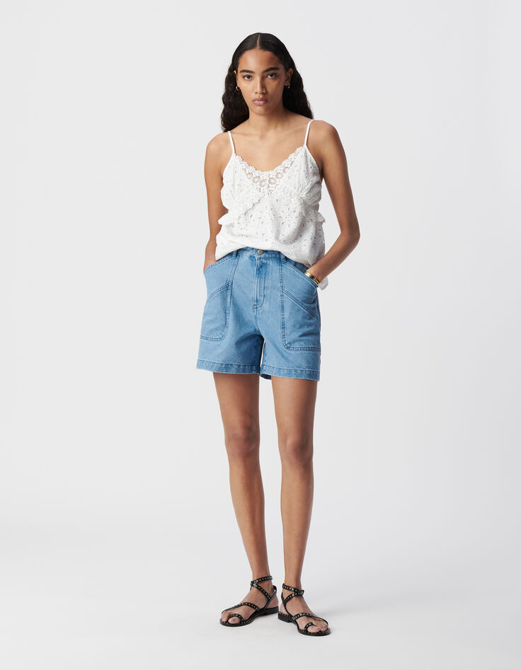 Short en jean bleu waterless maxi poches Femme-1 Short en jean bleu waterless maxi poches Femme-1