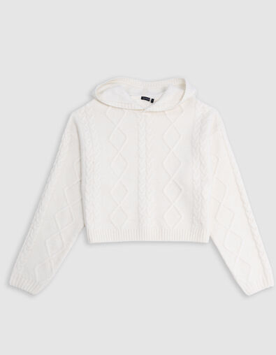 Girl's beige hooded cable knit sweater - IKKS