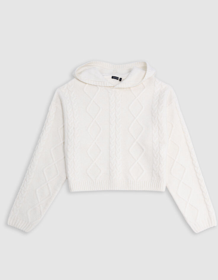 Girl's beige hooded cable knit sweater-1