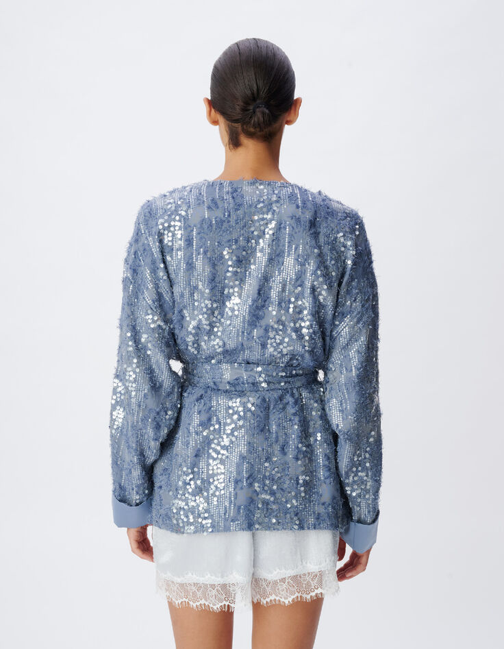 Veste oversize bleue brod&eacute;e sequins esprit kimono Femme-3