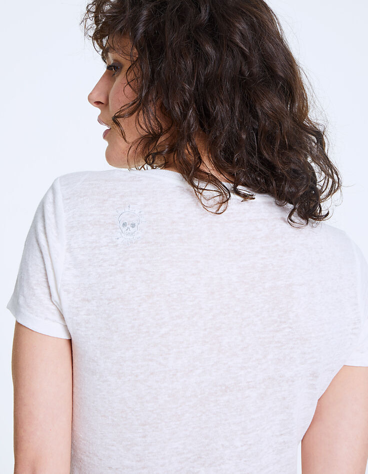 Women’s white skull embroidery linen T-shirt-5