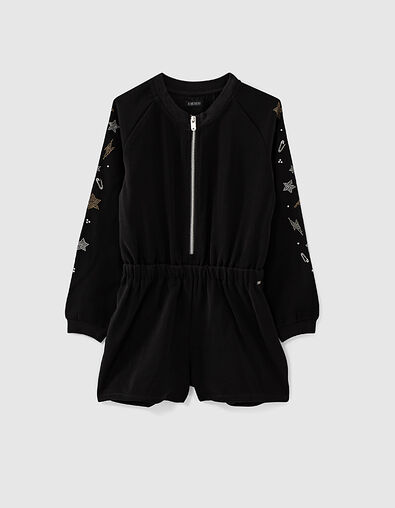 Girls’ black playsuit with decorated sleeves  - IKKS
