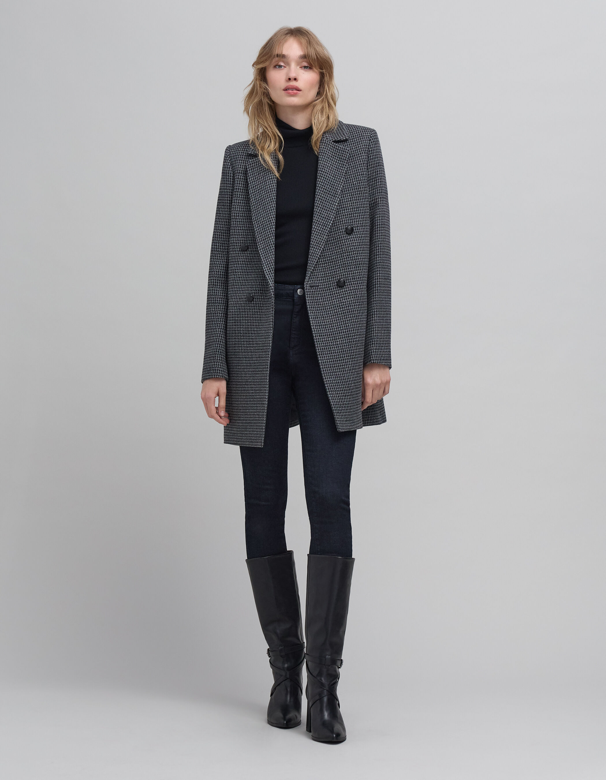 Manteau droit noir motif pied de poule metallise Femme IKKS