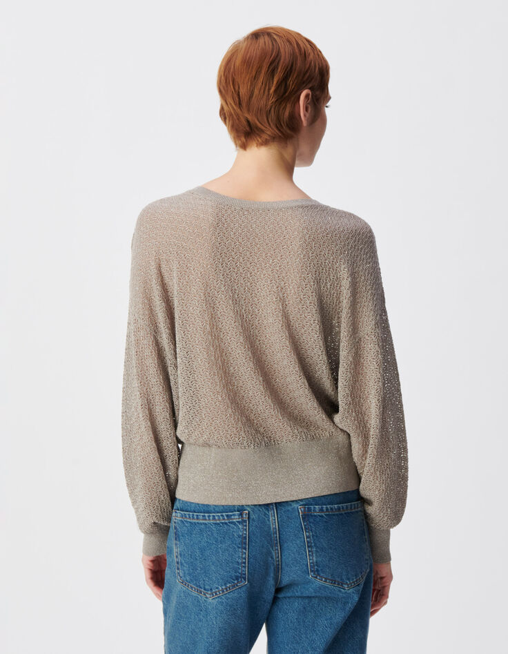 Pull chic beige tricot fantaisie paillet&eacute; ajour&eacute; Femme-3