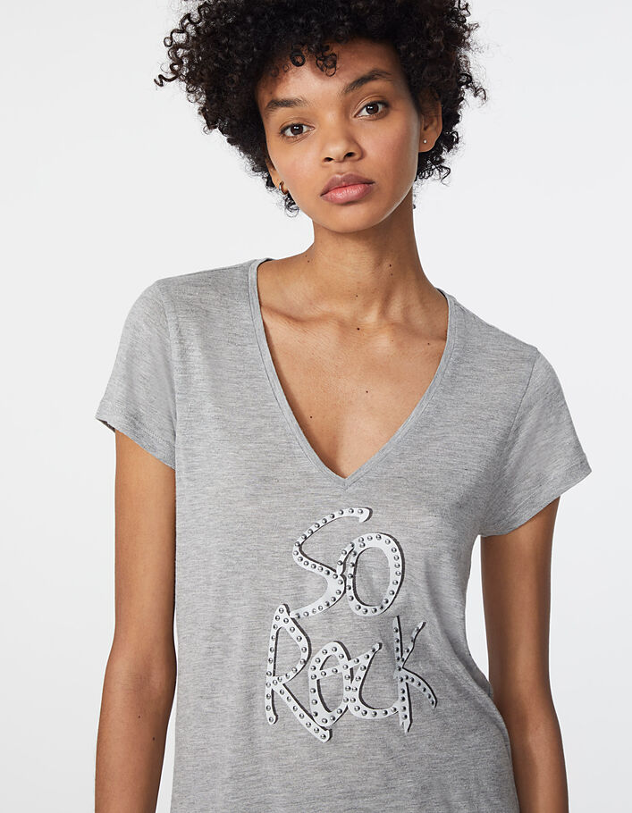 Graues Damen-T-Shirt aus Viskose mit Ziernietenmotiv - IKKS