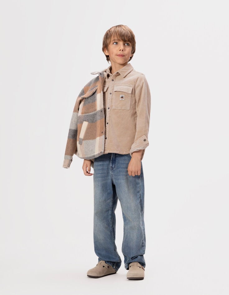 Beiges Jungen-Oberhemd Rippstrick Druckknöpfe-1 Beiges Jungen-Oberhemd Rippstrick Druckknöpfe-1