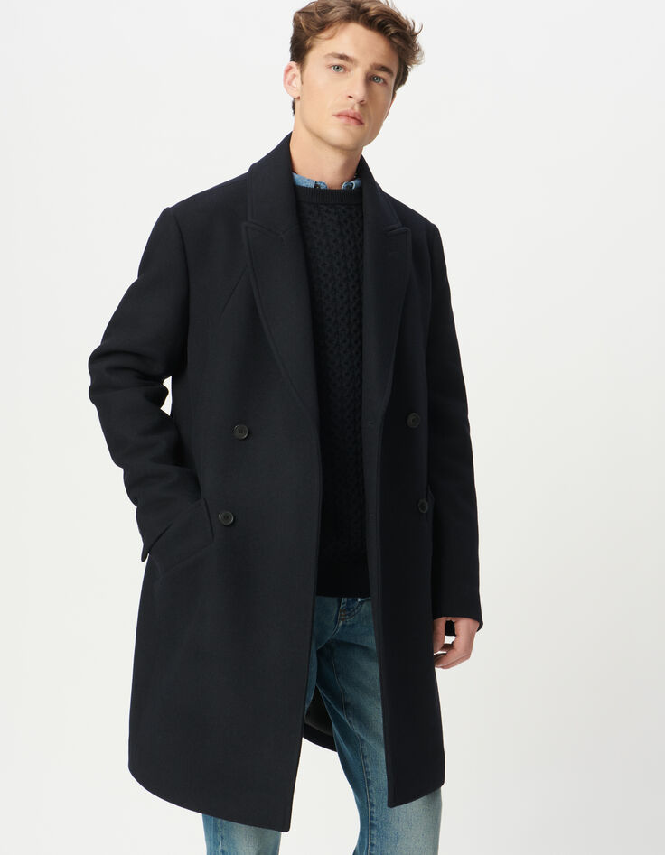 Blauer Herrenmantel halblang &uuml;berkreuzt Knopfleiste-2