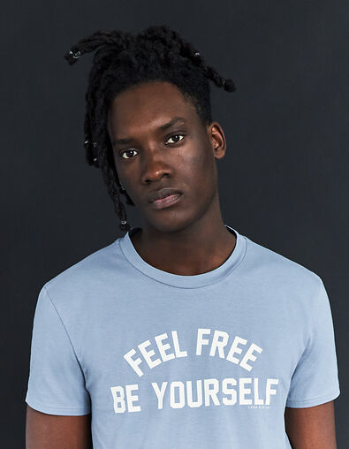 Tee-shirt bleu grisé bio à message Homme - IKKS