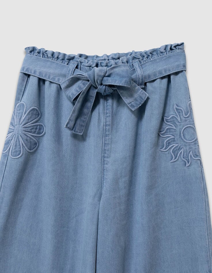 Blue maxi flowing jeans with embroidery on girls' sides-2