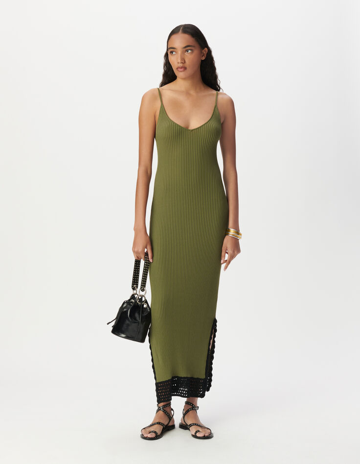 Robe tube longue kaki tricot côtelé Femme-1
