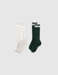 Boys’ mid-grey marl and green knee-length socks -1