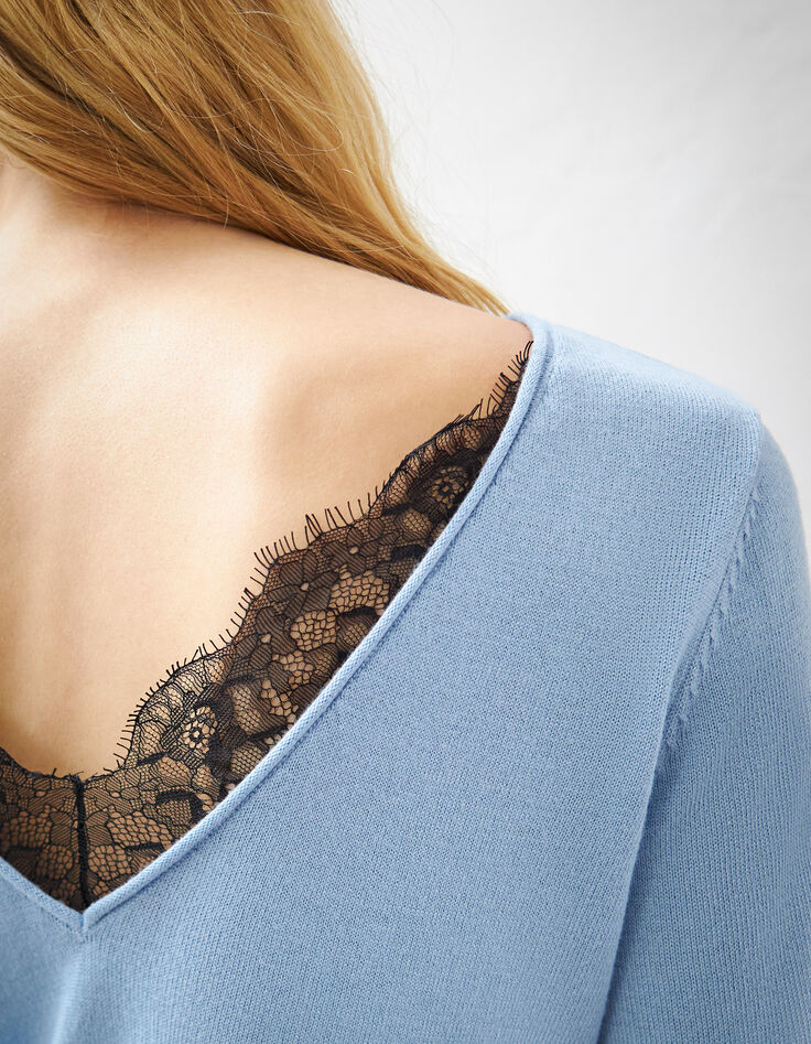 Pull bleu encolure devant dos avec dentelle noire femme-4