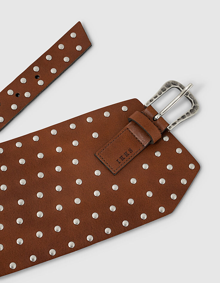 Brede asymmetrische camel leren riem studs dames-2
