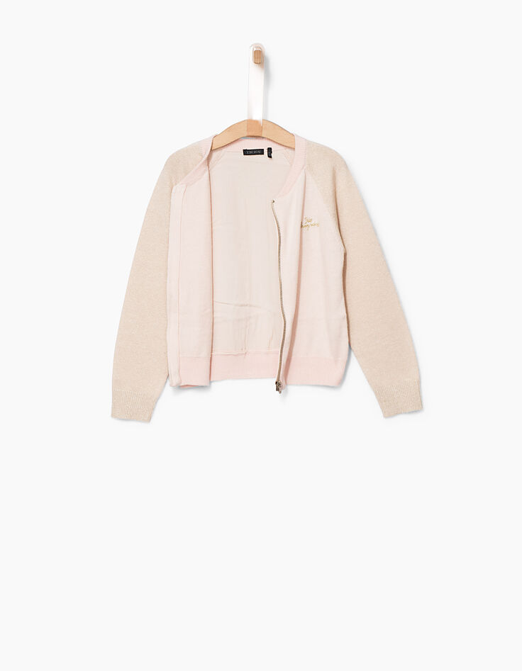 Cardigan rose poudré bi matière et pailleté fille-4