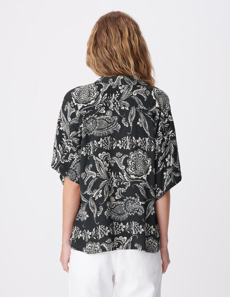 Zwart vloeiend damesshirt met barokke bloemenprint-4
