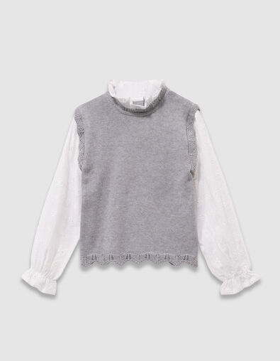Grauer Mädchenstrickpullover Mischgewebe Popeline-Stick - IKKS