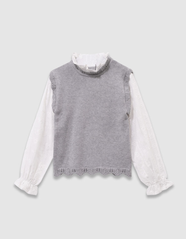 Grauer Mädchenstrickpullover Mischgewebe Popeline-Stick-1