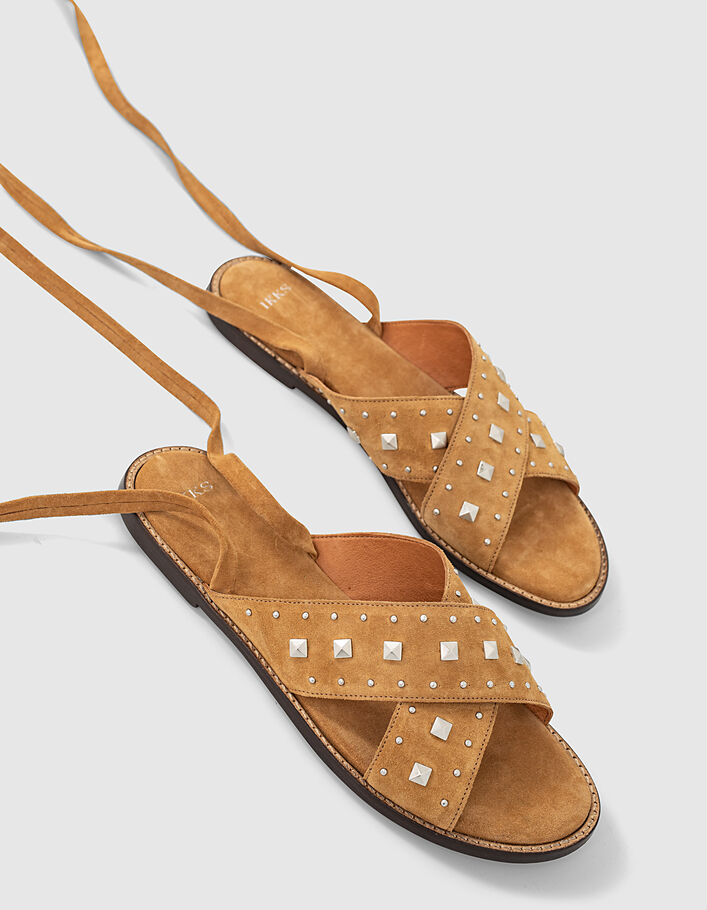 Women's camel studded leather flat laced sandals - IKKS