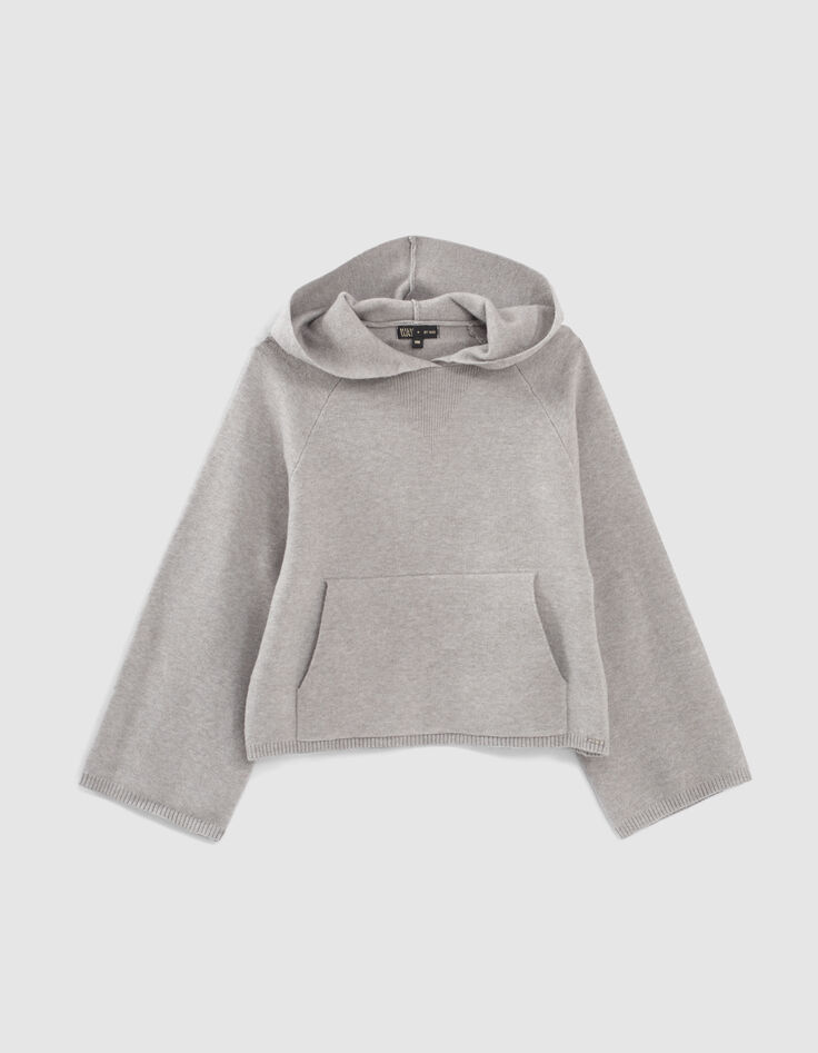 Pull gris chin&eacute; tricot &agrave; capuche fille -1