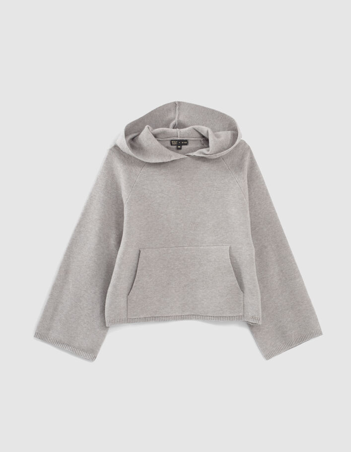 Pull gris chiné tricot à capuche fille -1