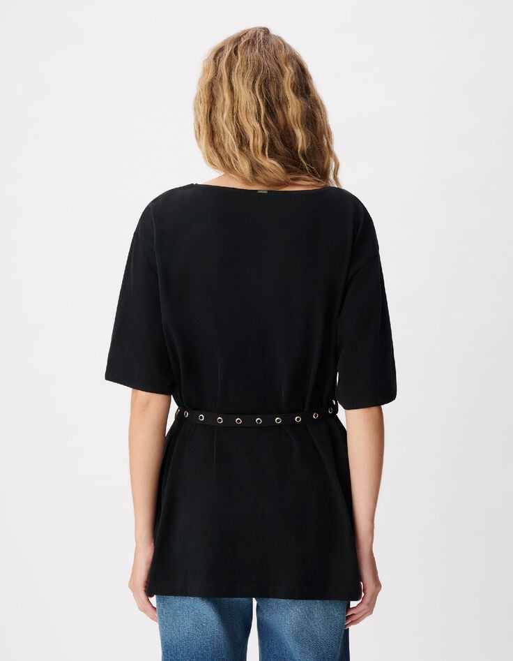 Tee-shirt mi-long noir avec ceinture amovible Femme-3