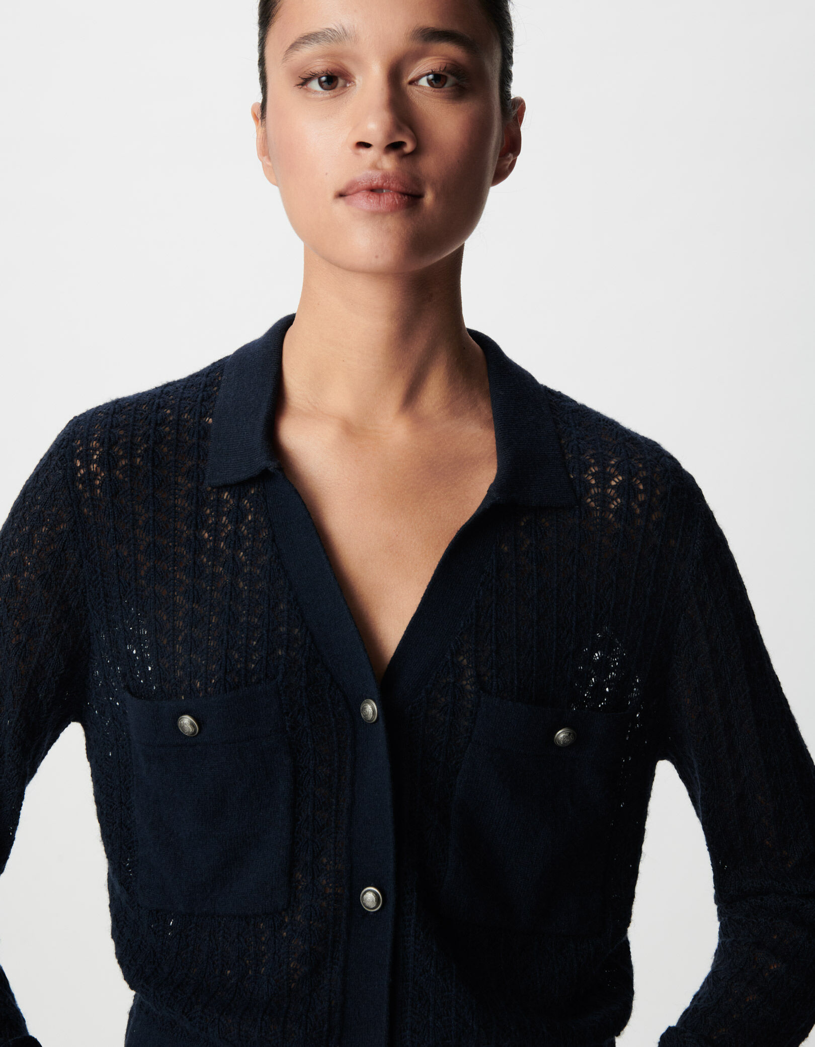 Women's navy openwork knitted short cardigan