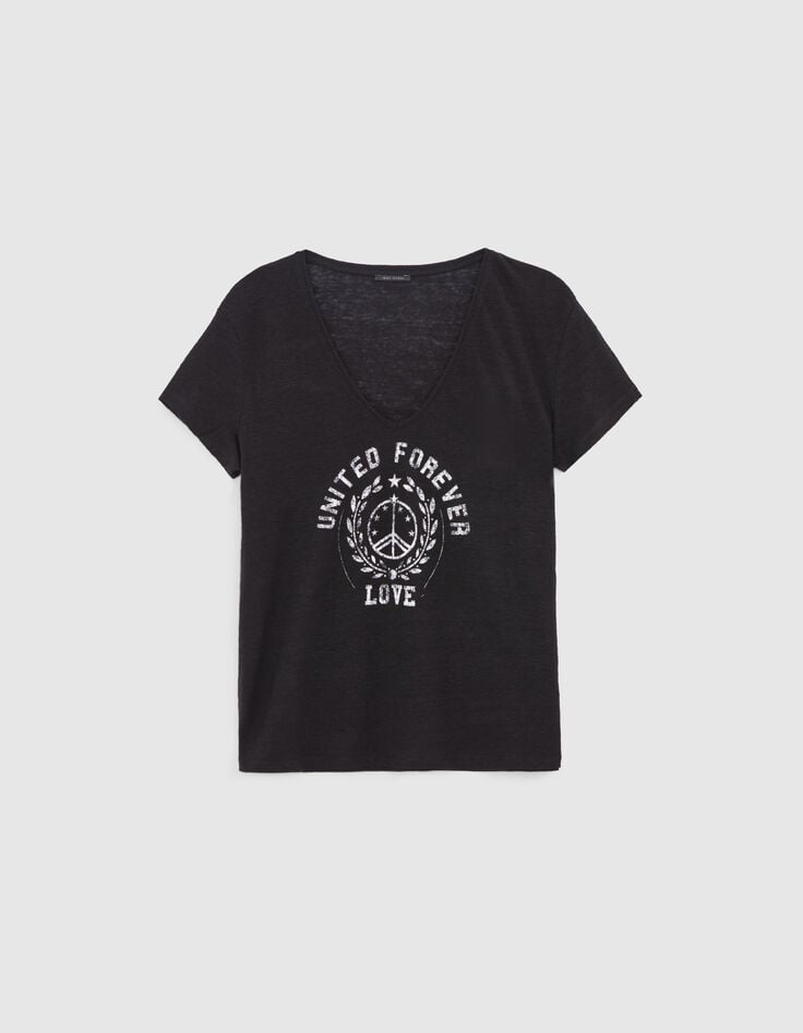 Tee-shirt noir visuel blason symbole paix Femme-7