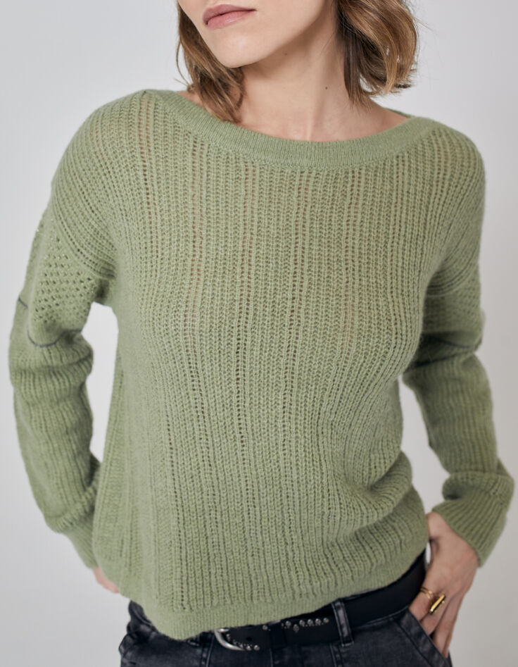 Pull kaki en maille avec jeux de point et chaînes sur les manches femme-4