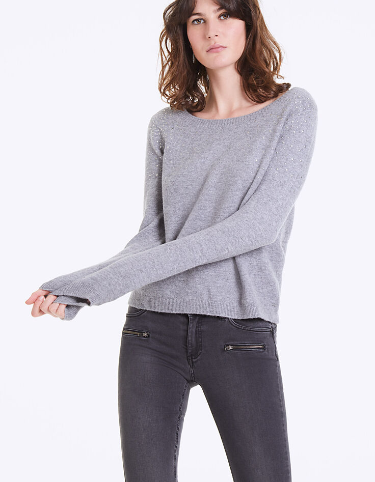 Pull gris en laine mousseuse détails studs femme-5
